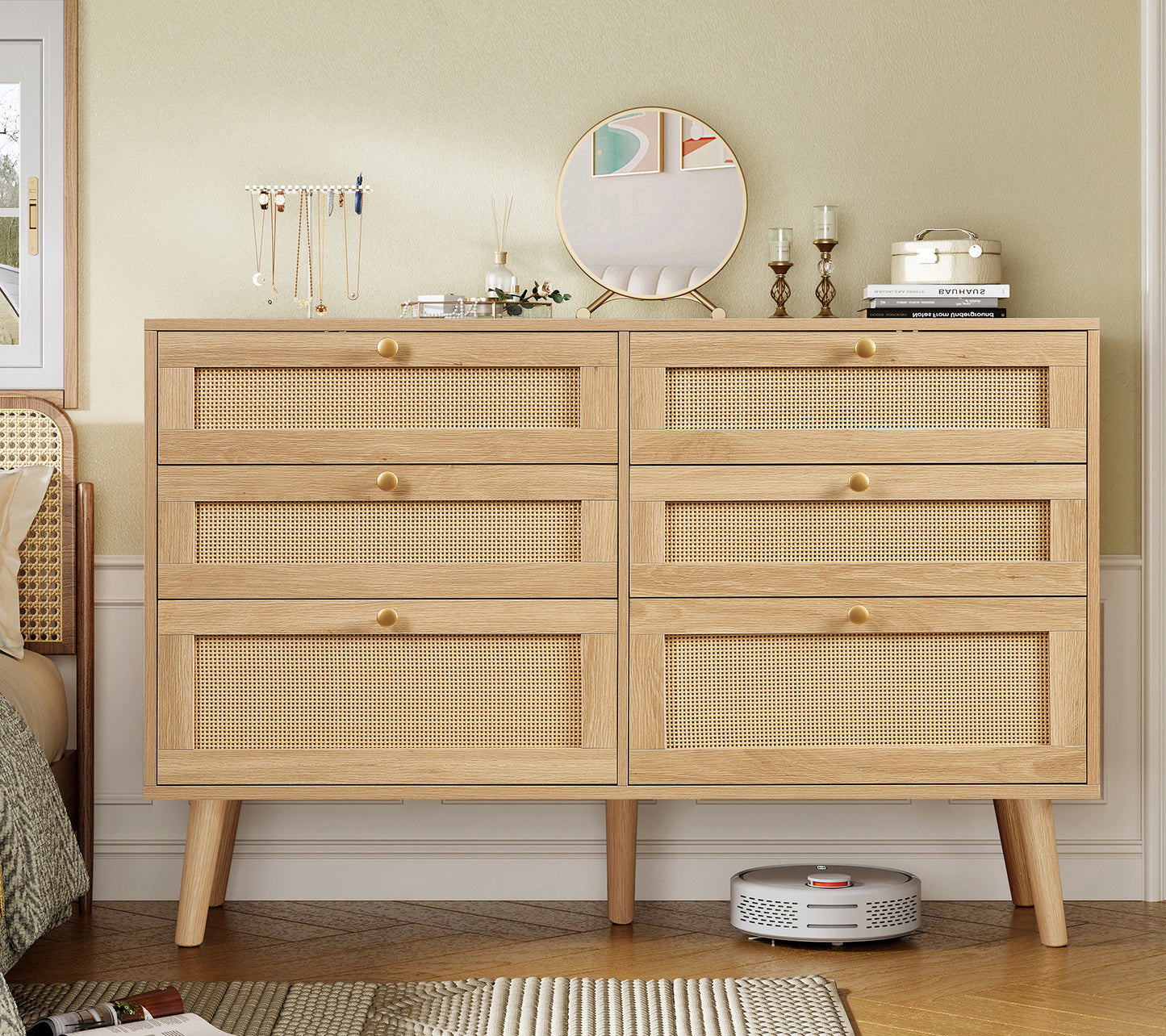 TEENFON 47.2''Wide 6 Drawer Rattan Dresser, Boho Dresser for Bedroom, Chest of Drawers, Closet Organizer, Natural Wood Dresser Chest for Bedroom, Living Room, Entryway, Natural