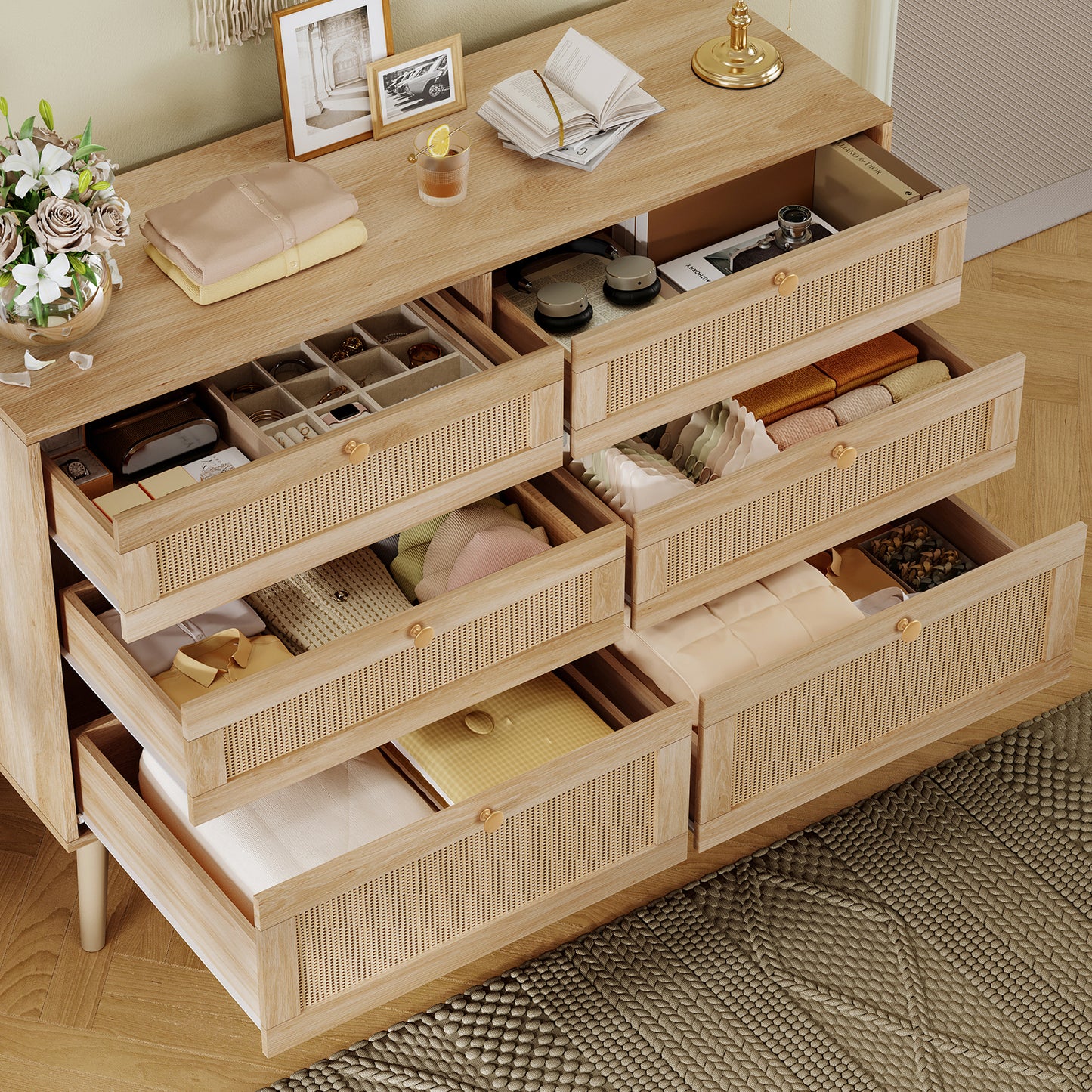 TEENFON 47.2''Wide 6 Drawer Rattan Dresser, Boho Dresser for Bedroom, Chest of Drawers, Closet Organizer, Natural Wood Dresser Chest for Bedroom, Living Room, Entryway, Natural
