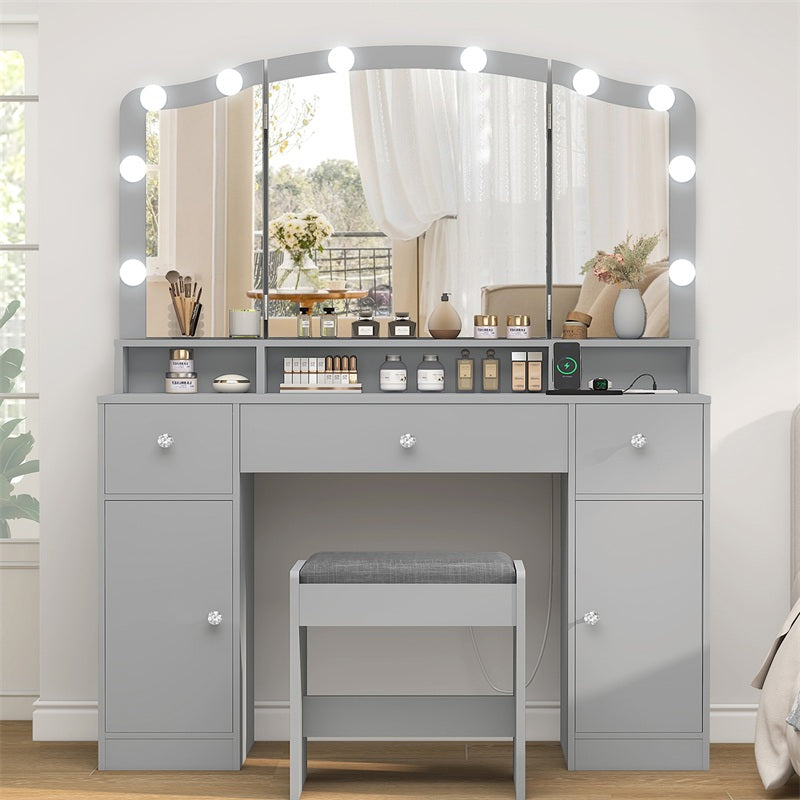 Vanity Desk with Triple Folding Mirror, Makeup Vanity with Power Outlet, Vanity Desk with 10 Lights, 3 Drawers & 2 Cabinets, Makeup Vanity Table with Soft Cushioned Stool for Women, Bedroom, Grey