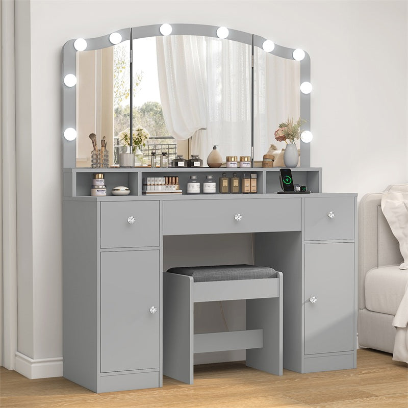 Vanity Desk with Triple Folding Mirror, Makeup Vanity with Power Outlet, Vanity Desk with 10 Lights, 3 Drawers & 2 Cabinets, Makeup Vanity Table with Soft Cushioned Stool for Women, Bedroom, Grey
