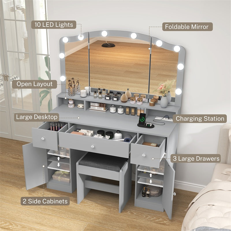 Vanity Desk with Triple Folding Mirror, Makeup Vanity with Power Outlet, Vanity Desk with 10 Lights, 3 Drawers & 2 Cabinets, Makeup Vanity Table with Soft Cushioned Stool for Women, Bedroom, Grey