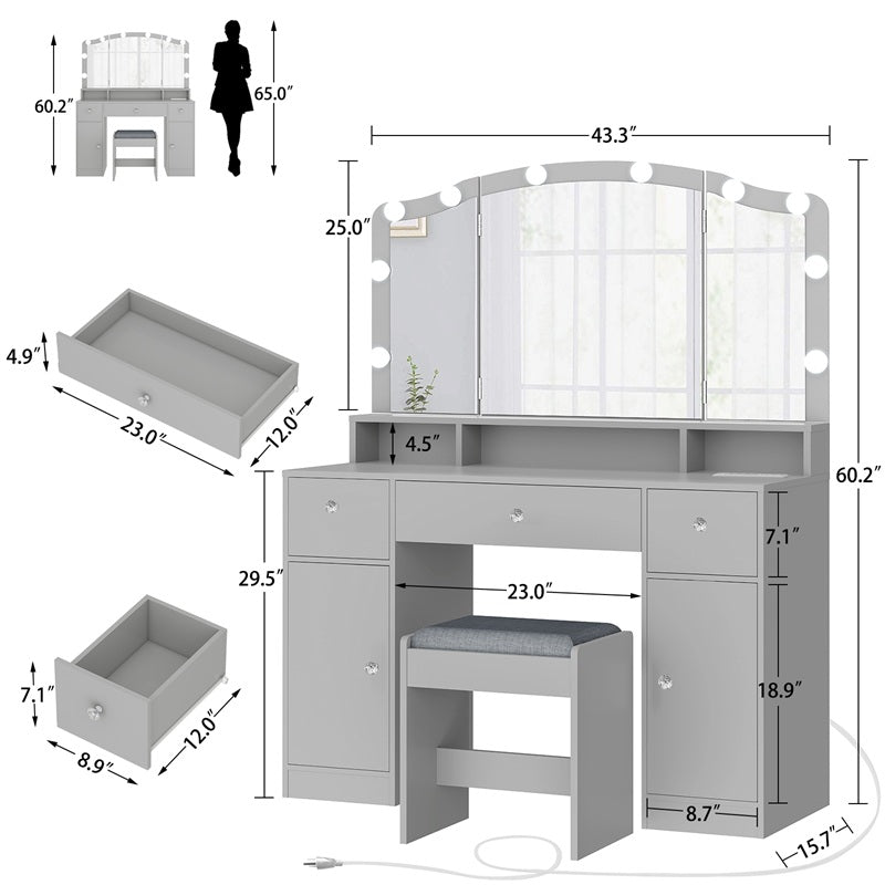 Vanity Desk with Triple Folding Mirror, Makeup Vanity with Power Outlet, Vanity Desk with 10 Lights, 3 Drawers & 2 Cabinets, Makeup Vanity Table with Soft Cushioned Stool for Women, Bedroom, Grey