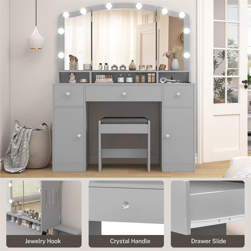 Vanity Desk with Triple Folding Mirror, Makeup Vanity with Power Outlet, Vanity Desk with 10 Lights, 3 Drawers & 2 Cabinets, Makeup Vanity Table with Soft Cushioned Stool for Women, Bedroom, Grey