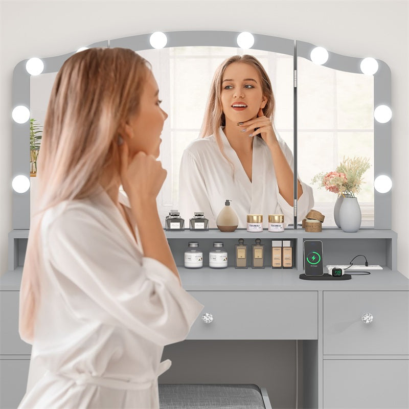 Vanity Desk with Triple Folding Mirror, Makeup Vanity with Power Outlet, Vanity Desk with 10 Lights, 3 Drawers & 2 Cabinets, Makeup Vanity Table with Soft Cushioned Stool for Women, Bedroom, Grey