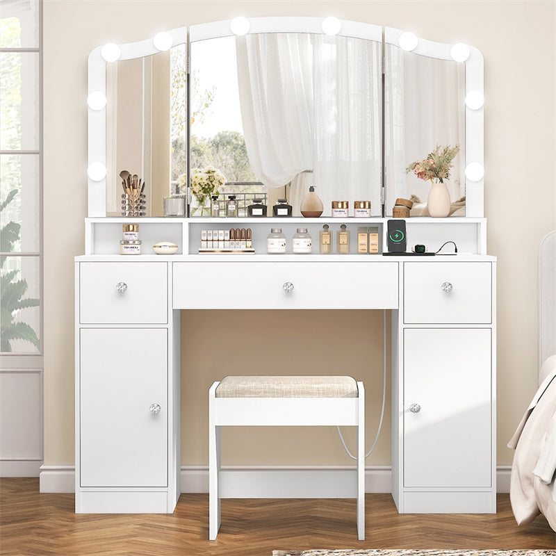 Vanity Desk with Triple Folding Mirror, Makeup Vanity with Power Outlet, Vanity Desk with 10 Lights, 3 Drawers & 2 Cabinets, Makeup Vanity Table with Soft Cushioned Stool for Women, Bedroom, Grey