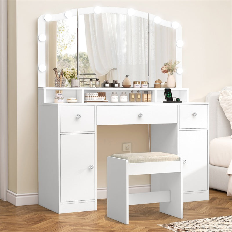 Vanity Desk with Triple Folding Mirror, Makeup Vanity with Power Outlet, Vanity Desk with 10 Lights, 3 Drawers & 2 Cabinets, Makeup Vanity Table with Soft Cushioned Stool for Women, Bedroom, Grey
