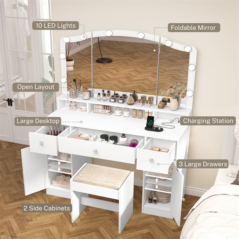 Vanity Desk with Triple Folding Mirror, Makeup Vanity with Power Outlet, Vanity Desk with 10 Lights, 3 Drawers & 2 Cabinets, Makeup Vanity Table with Soft Cushioned Stool for Women, Bedroom, Grey