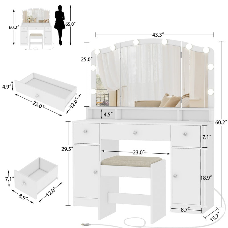 Vanity Desk with Triple Folding Mirror, Makeup Vanity with Power Outlet, Vanity Desk with 10 Lights, 3 Drawers & 2 Cabinets, Makeup Vanity Table with Soft Cushioned Stool for Women, Bedroom, Grey