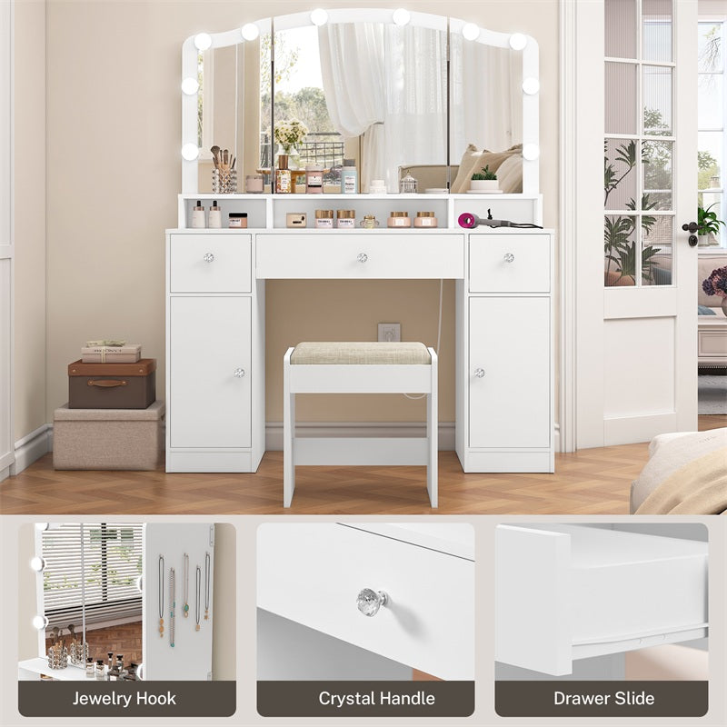 Vanity Desk with Triple Folding Mirror, Makeup Vanity with Power Outlet, Vanity Desk with 10 Lights, 3 Drawers & 2 Cabinets, Makeup Vanity Table with Soft Cushioned Stool for Women, Bedroom, Grey
