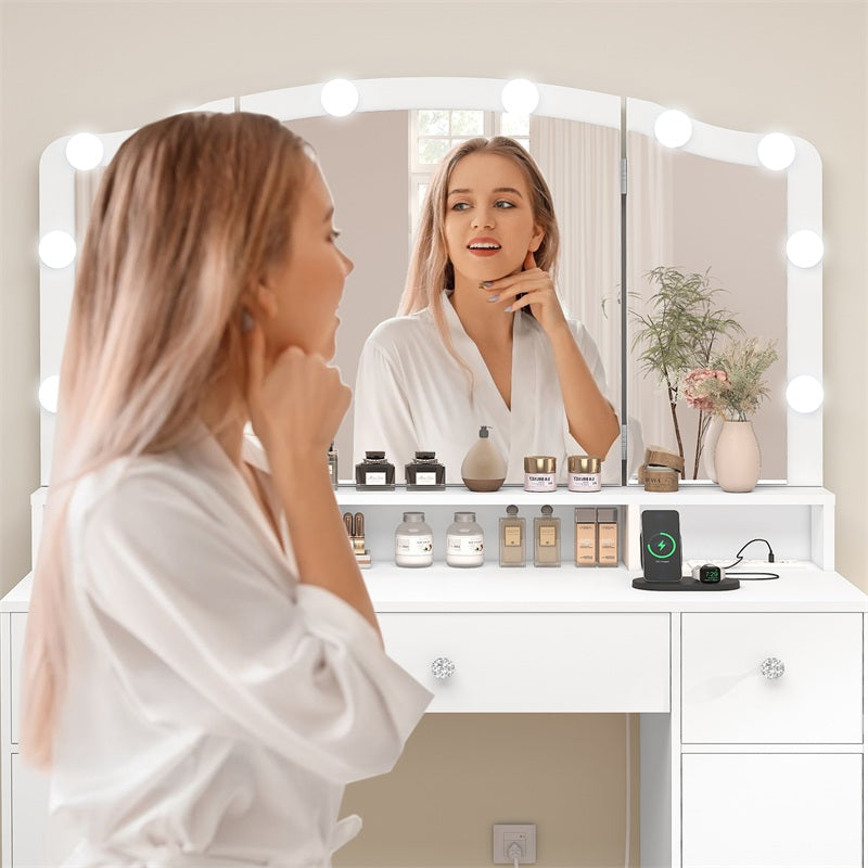 Vanity Desk with Triple Folding Mirror, Makeup Vanity with Power Outlet, Vanity Desk with 10 Lights, 3 Drawers & 2 Cabinets, Makeup Vanity Table with Soft Cushioned Stool for Women, Bedroom, Grey