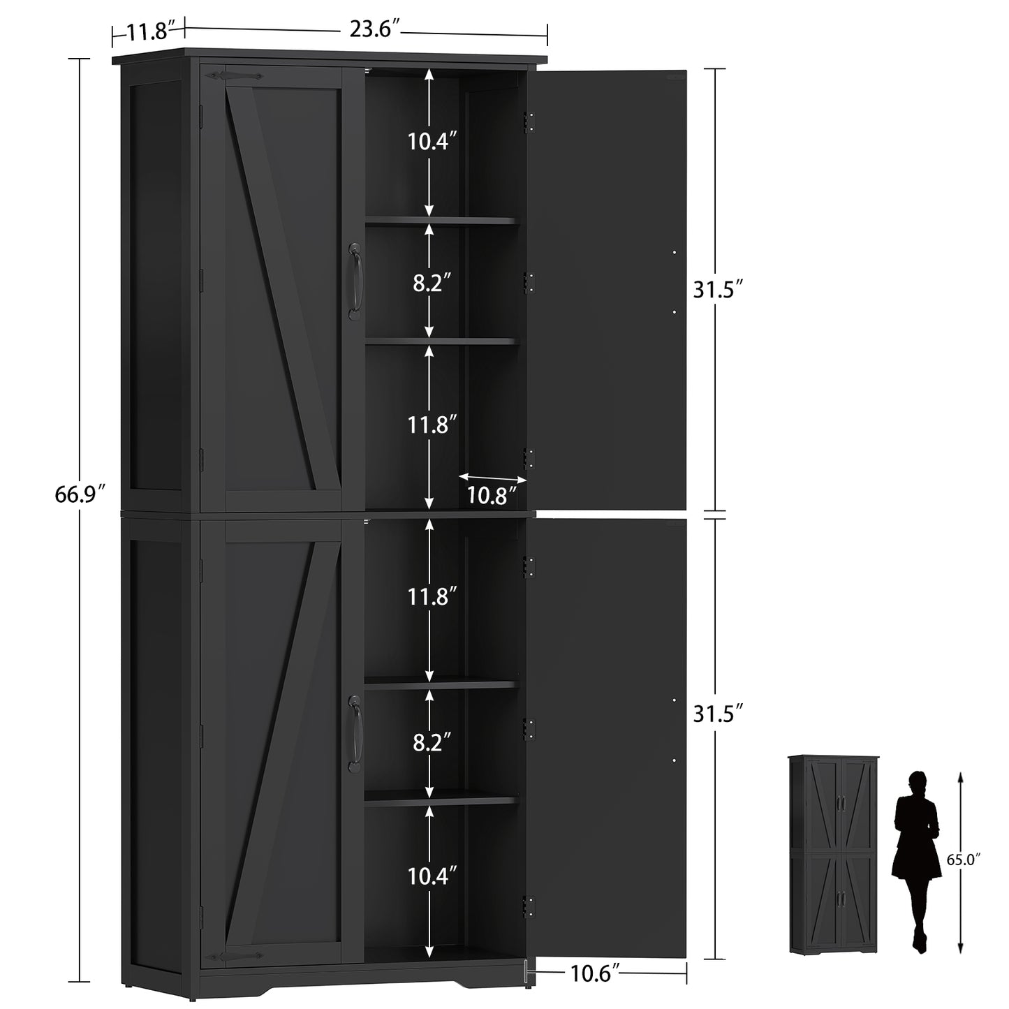 TEENFON 67" Kitchen Pantry Cabinet with 4 Doors, Farmhouse Pantry Cabinet with Adjustable Shelves, Storage Cabinet for Kitchen, Bathroom, Living Room, Black