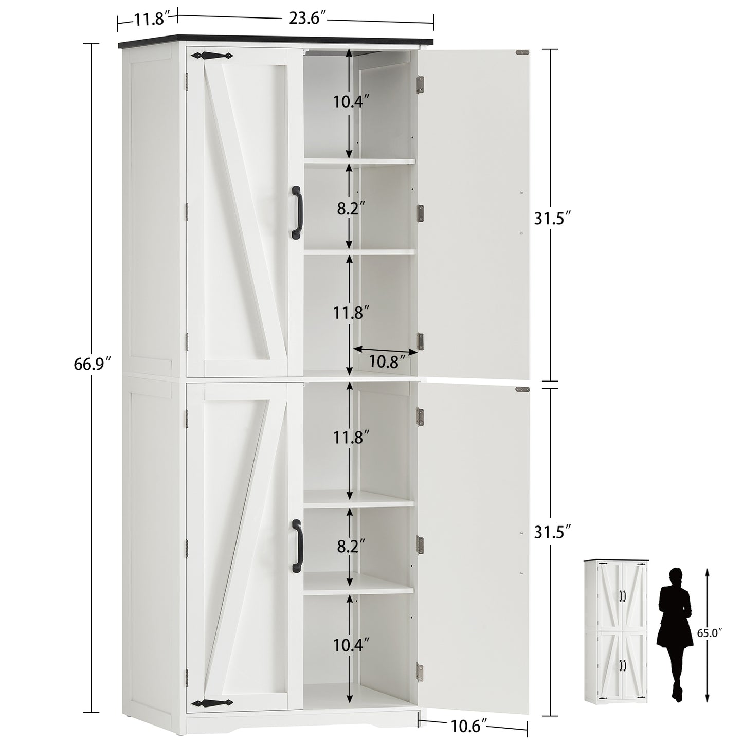 TEENFON 67" Kitchen Pantry Cabinet with 4 Doors, Farmhouse Pantry Cabinet with Adjustable Shelves, Storage Cabinet for Kitchen, Bathroom, Living Room, White