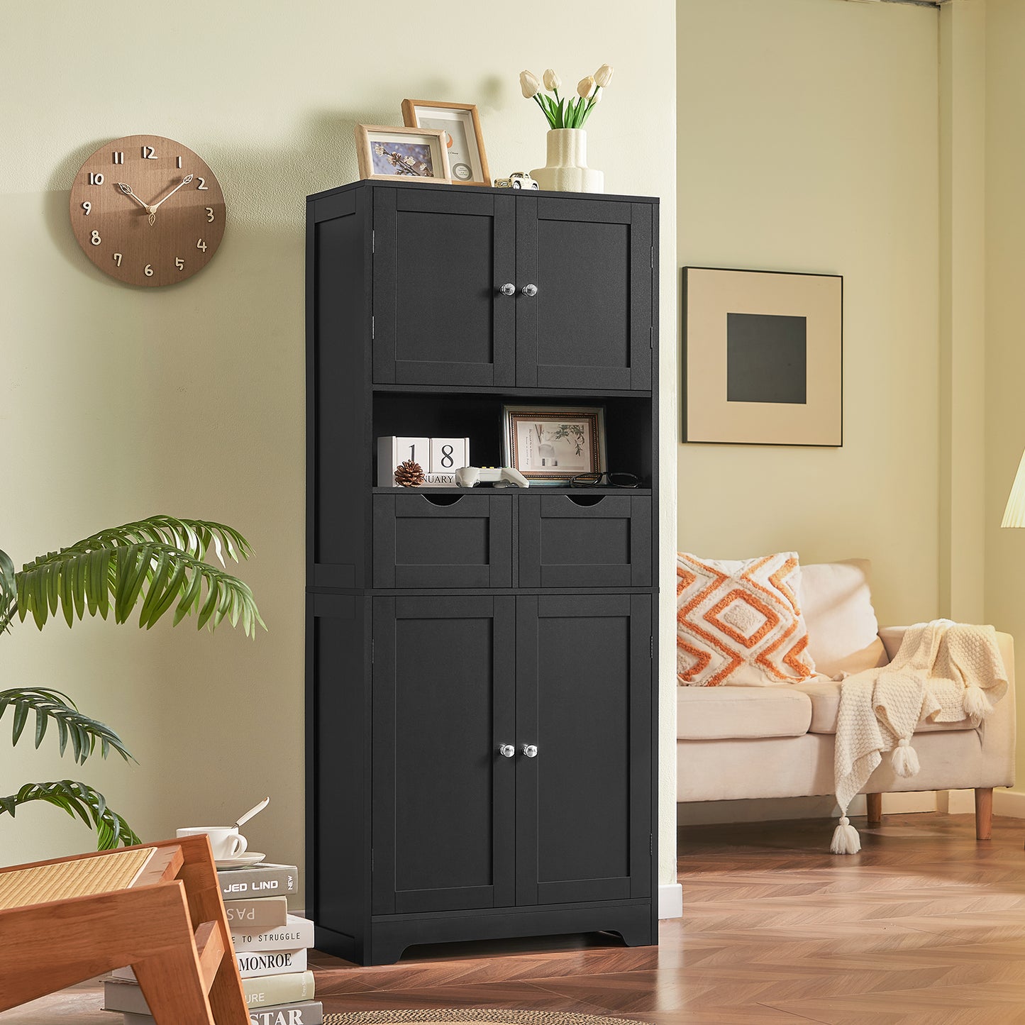 57.8" H Tall Storage Cabinet with 2 Drawers & 2 Adjustable Shelves, Floor Cabinet with 4 Doors, Tall Cabinet for Living Room, Dining Room, Entryway, Black