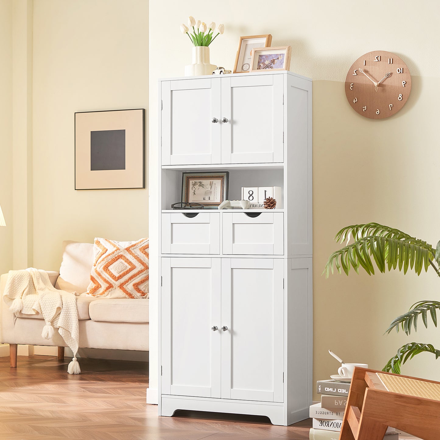 57.8" H Tall Storage Cabinet with 2 Drawers & 2 Adjustable Shelves, Floor Cabinet with 4 Doors, Tall Cabinet for Living Room, Dining Room, Entryway, Black