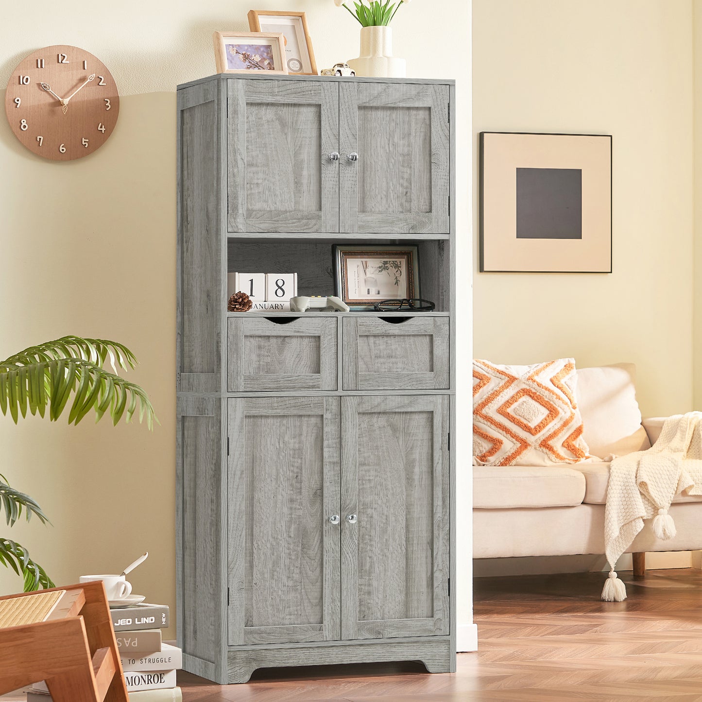 57.8" H Tall Storage Cabinet with 2 Drawers & 2 Adjustable Shelves, Floor Cabinet with 4 Doors, Tall Cabinet for Living Room, Dining Room, Entryway, Black