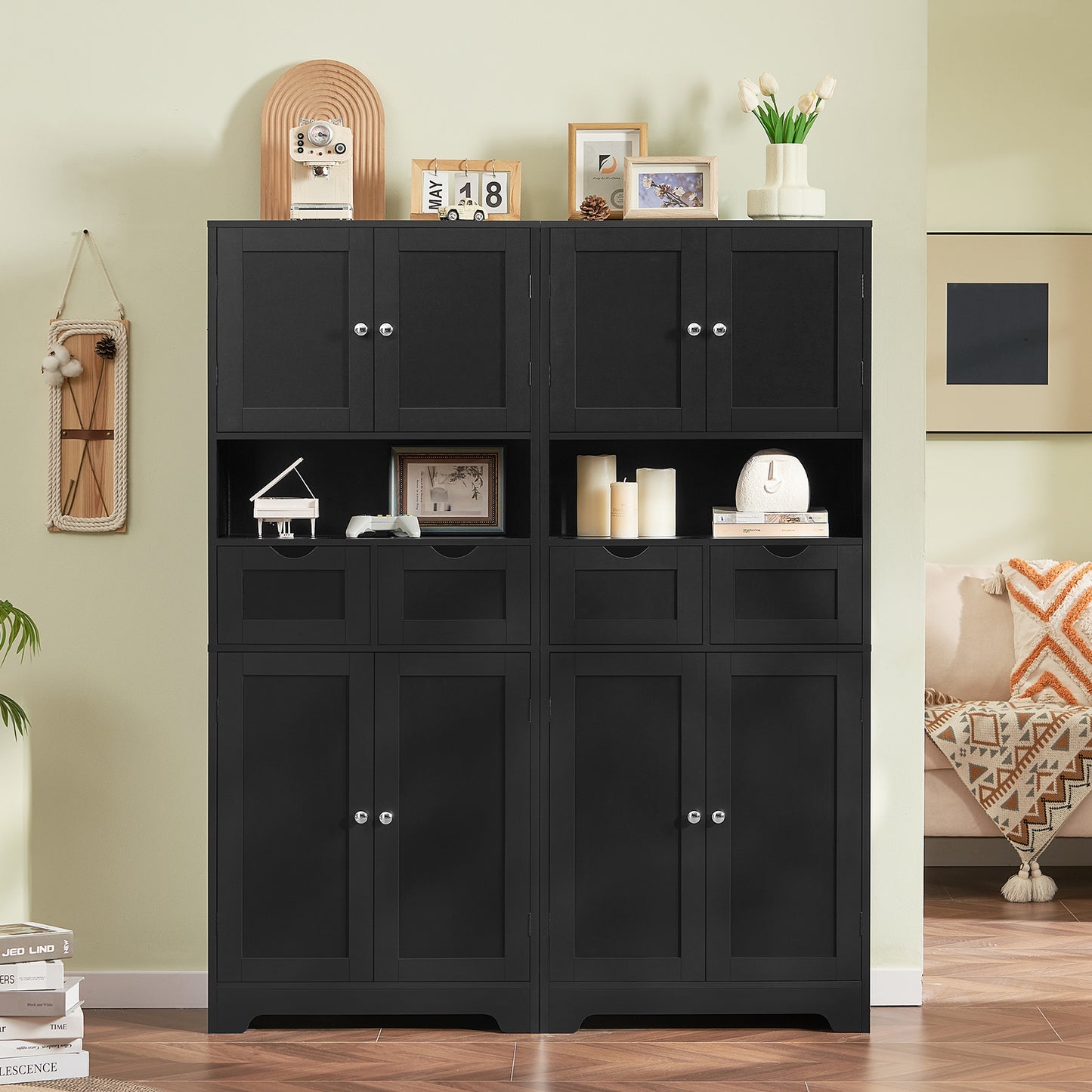57.8" H Tall Storage Cabinet with 2 Drawers & 2 Adjustable Shelves, Floor Cabinet with 4 Doors, Tall Cabinet for Living Room, Dining Room, Entryway, Black