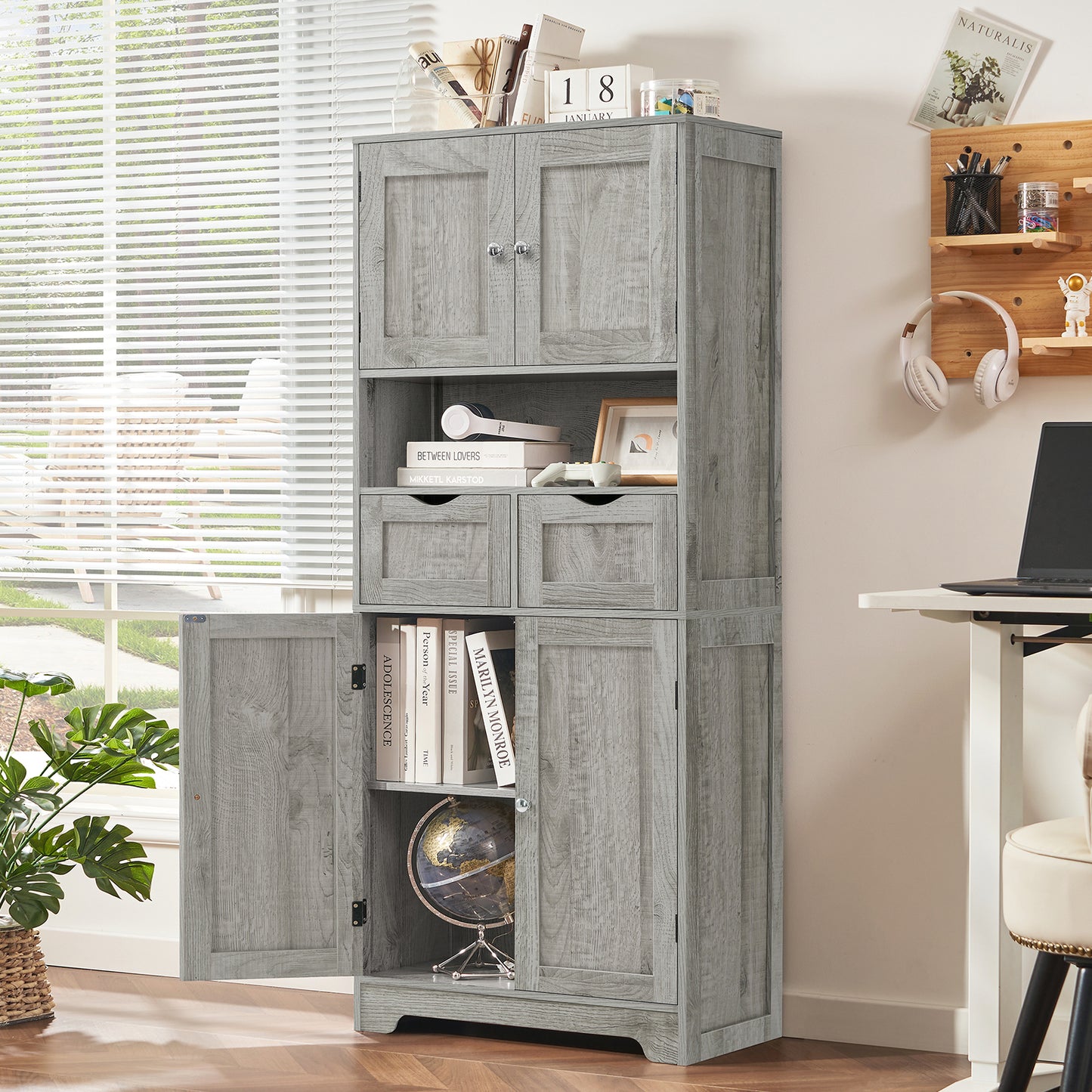 57.8" H Tall Storage Cabinet with 2 Drawers & 2 Adjustable Shelves, Floor Cabinet with 4 Doors, Tall Cabinet for Living Room, Dining Room, Entryway, Black