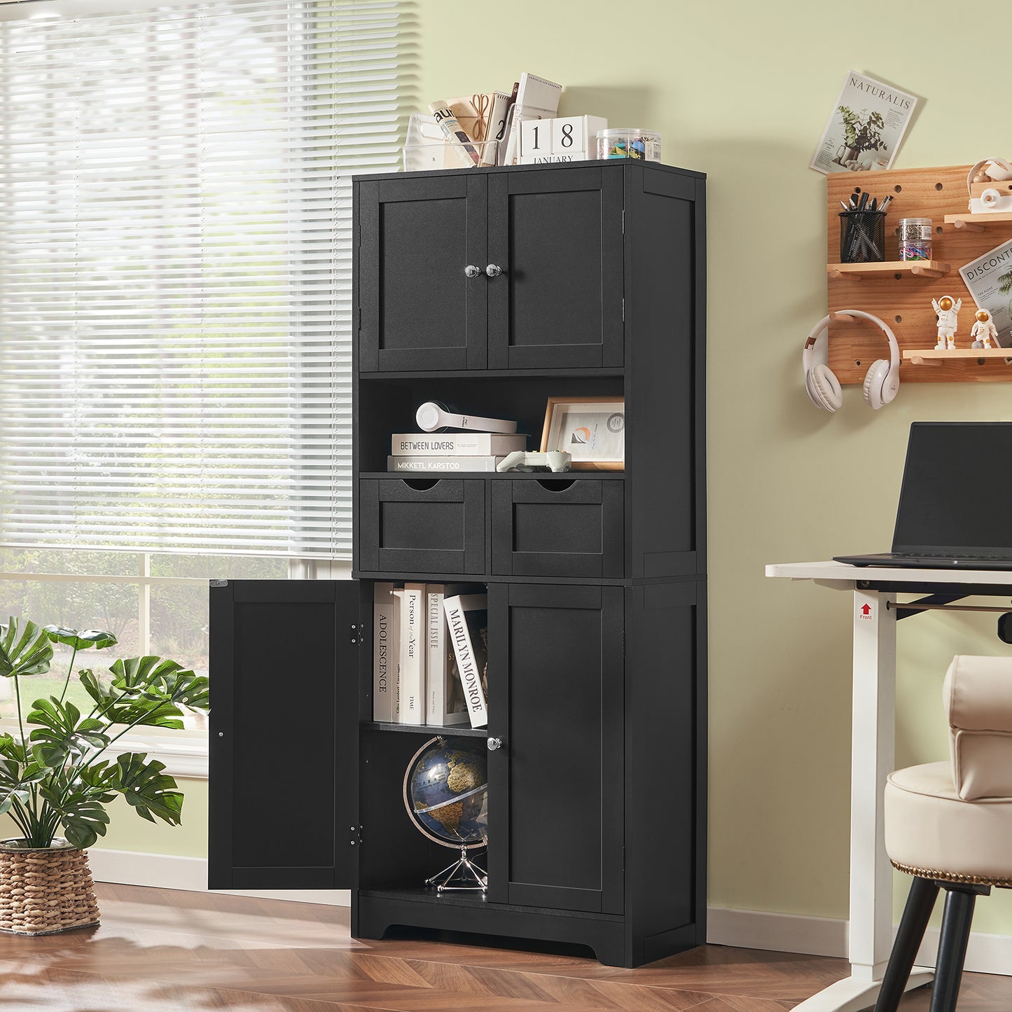 57.8" H Tall Storage Cabinet with 2 Drawers & 2 Adjustable Shelves, Floor Cabinet with 4 Doors, Tall Cabinet for Living Room, Dining Room, Entryway, Black
