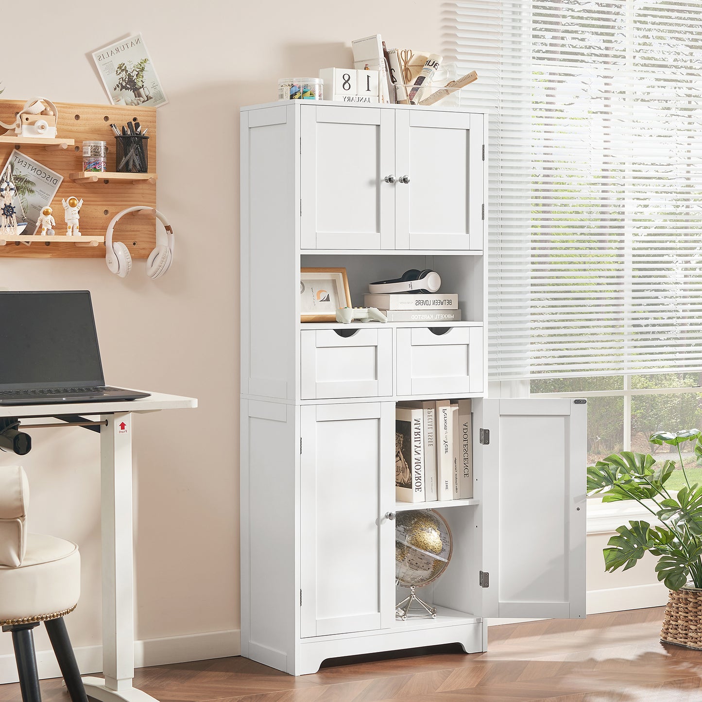 57.8" H Tall Storage Cabinet with 2 Drawers & 2 Adjustable Shelves, Floor Cabinet with 4 Doors, Tall Cabinet for Living Room, Dining Room, Entryway, Black