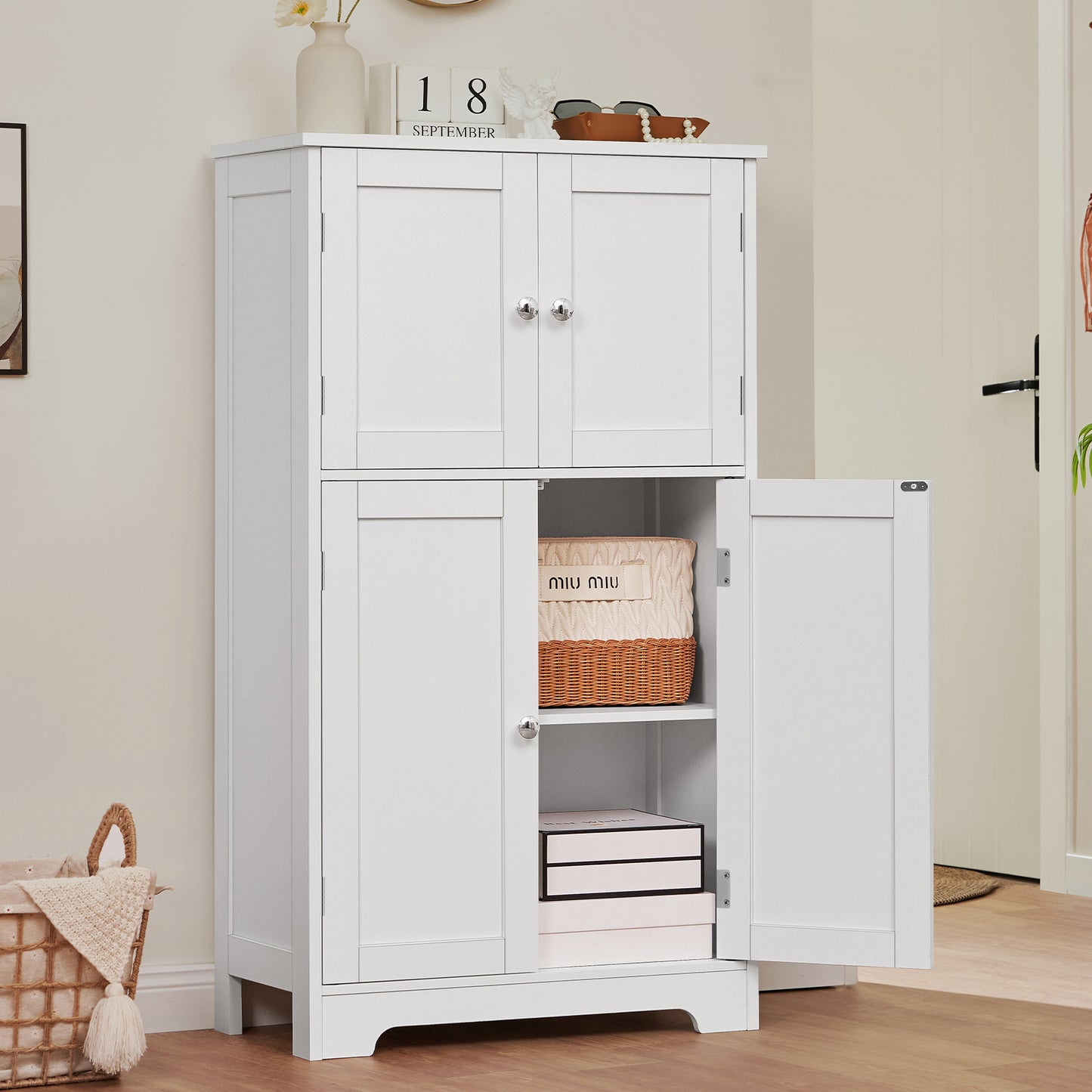 TEENFON Bathroom Floor Storage Cabinet, Freestanding Bathroom Storage Unit with 2 Adjustable Shelves & 4 Doors, 11.8 x 23.6 x 42.7 Inches, White