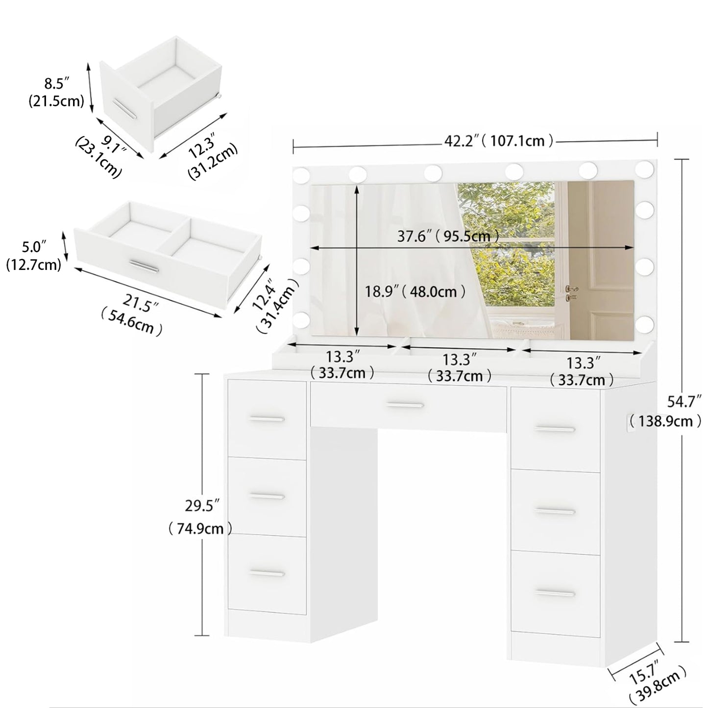 TEENFON Dressing Table with Large Mirror and 12 LED Lights, Vanity Desk with 7 Drawers & Hairdryer Holder, Vanity Table Makeup Desk for Women, Girls, 3 Lighting Color Adjustable, White