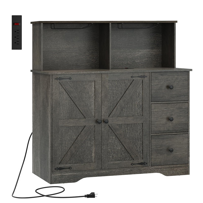 Farmhouse Coffee Bar Cabinet with Power Outlet, Sideboard Buffet Table with Wine and Glass Rack & Adjustable Shelves, Home Liquor Bar for Dining Room, Dark Grey