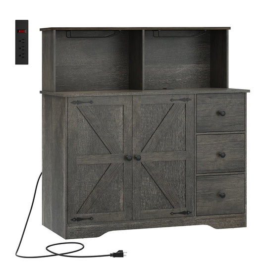 Farmhouse Coffee Bar Cabinet with Power Outlet, Sideboard Buffet Table with Wine and Glass Rack & Adjustable Shelves, Home Liquor Bar for Dining Room, Dark Grey