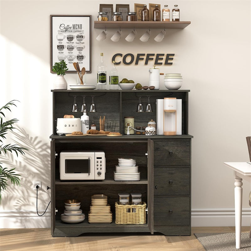 Farmhouse Coffee Bar Cabinet with Power Outlet, Sideboard Buffet Table with Wine and Glass Rack & Adjustable Shelves, Home Liquor Bar for Dining Room, Dark Grey