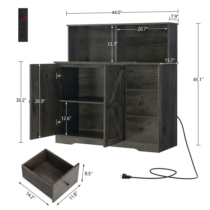 Farmhouse Coffee Bar Cabinet with Power Outlet, Sideboard Buffet Table with Wine and Glass Rack & Adjustable Shelves, Home Liquor Bar for Dining Room, Dark Grey