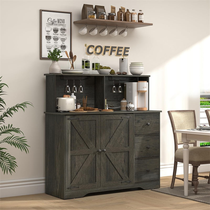 Farmhouse Coffee Bar Cabinet with Power Outlet, Sideboard Buffet Table with Wine and Glass Rack & Adjustable Shelves, Home Liquor Bar for Dining Room, Dark Grey