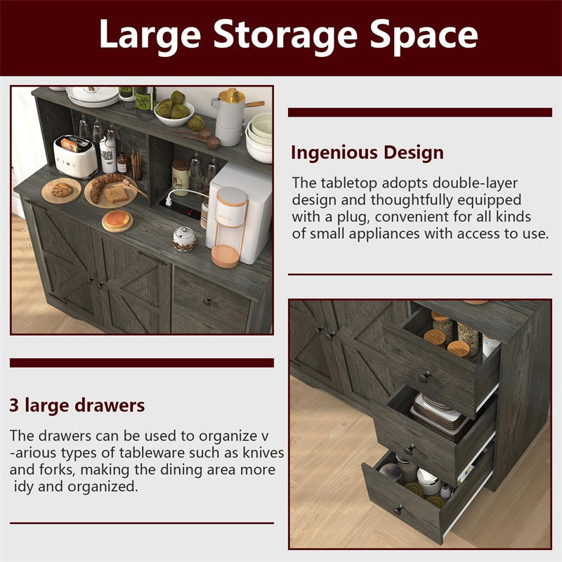 Farmhouse Coffee Bar Cabinet with Power Outlet, Sideboard Buffet Table with Wine and Glass Rack & Adjustable Shelves, Home Liquor Bar for Dining Room, Dark Grey