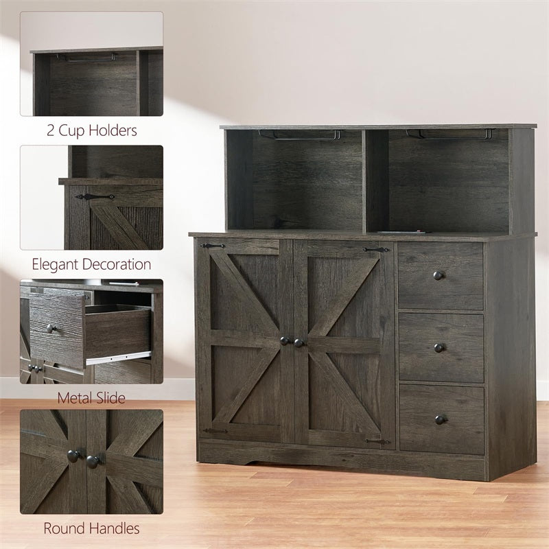 Farmhouse Coffee Bar Cabinet with Power Outlet, Sideboard Buffet Table with Wine and Glass Rack & Adjustable Shelves, Home Liquor Bar for Dining Room, Dark Grey