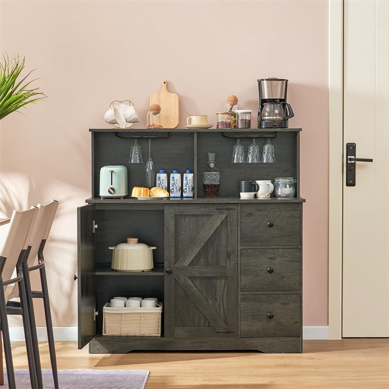 Farmhouse Coffee Bar Cabinet with Power Outlet, Sideboard Buffet Table with Wine and Glass Rack & Adjustable Shelves, Home Liquor Bar for Dining Room, Dark Grey