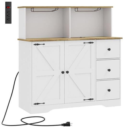 Farmhouse Coffee Bar Cabinet with Power Outlet, Sideboard Buffet Table with Wine and Glass Rack & Adjustable Shelves, Home Liquor Bar for Dining Room, White