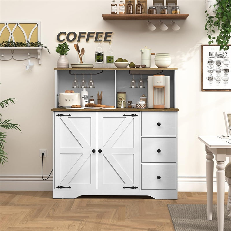 Farmhouse Coffee Bar Cabinet with Power Outlet, Sideboard Buffet Table with Wine and Glass Rack & Adjustable Shelves, Home Liquor Bar for Dining Room, White