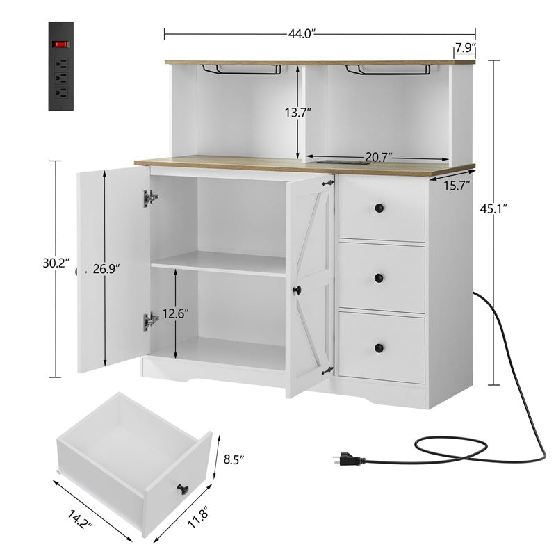 Farmhouse Coffee Bar Cabinet with Power Outlet, Sideboard Buffet Table with Wine and Glass Rack & Adjustable Shelves, Home Liquor Bar for Dining Room, White