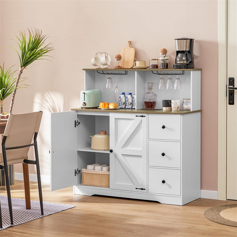 Farmhouse Coffee Bar Cabinet with Power Outlet, Sideboard Buffet Table with Wine and Glass Rack & Adjustable Shelves, Home Liquor Bar for Dining Room, White