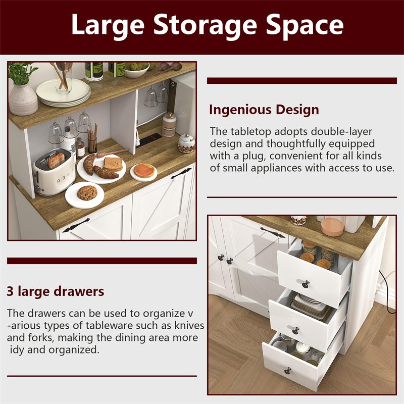 Farmhouse Coffee Bar Cabinet with Power Outlet, Sideboard Buffet Table with Wine and Glass Rack & Adjustable Shelves, Home Liquor Bar for Dining Room, White