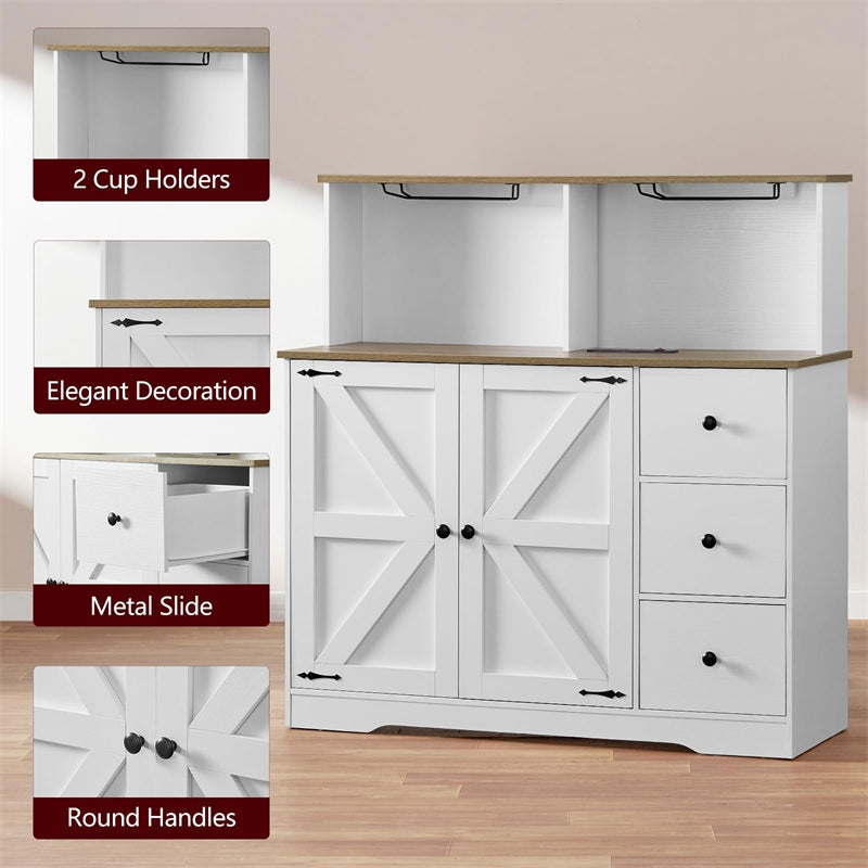 Farmhouse Coffee Bar Cabinet with Power Outlet, Sideboard Buffet Table with Wine and Glass Rack & Adjustable Shelves, Home Liquor Bar for Dining Room, White