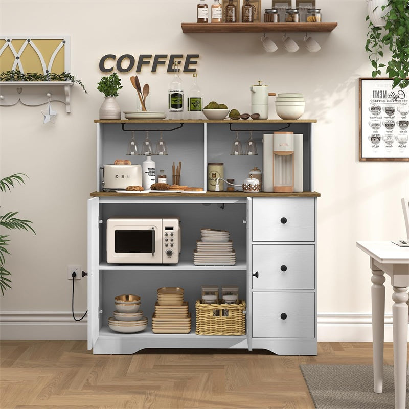 Farmhouse Coffee Bar Cabinet with Power Outlet, Sideboard Buffet Table with Wine and Glass Rack & Adjustable Shelves, Home Liquor Bar for Dining Room, White