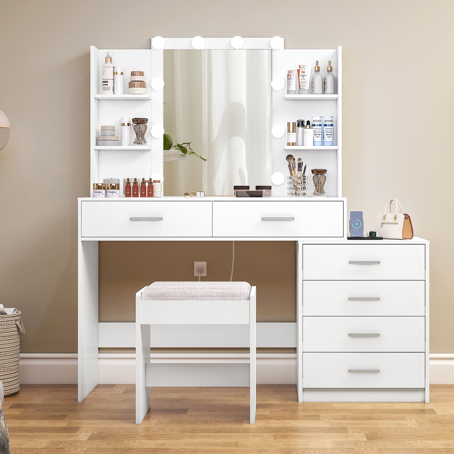 TEENFON 48" Large Vanity Desk with Mirror & Lights, Makeup Vanity Table with 6 Drawers & Power Outlet, 4 Open Storage Shelves, Vanity Desk Set with Stool, for Women Girls, White