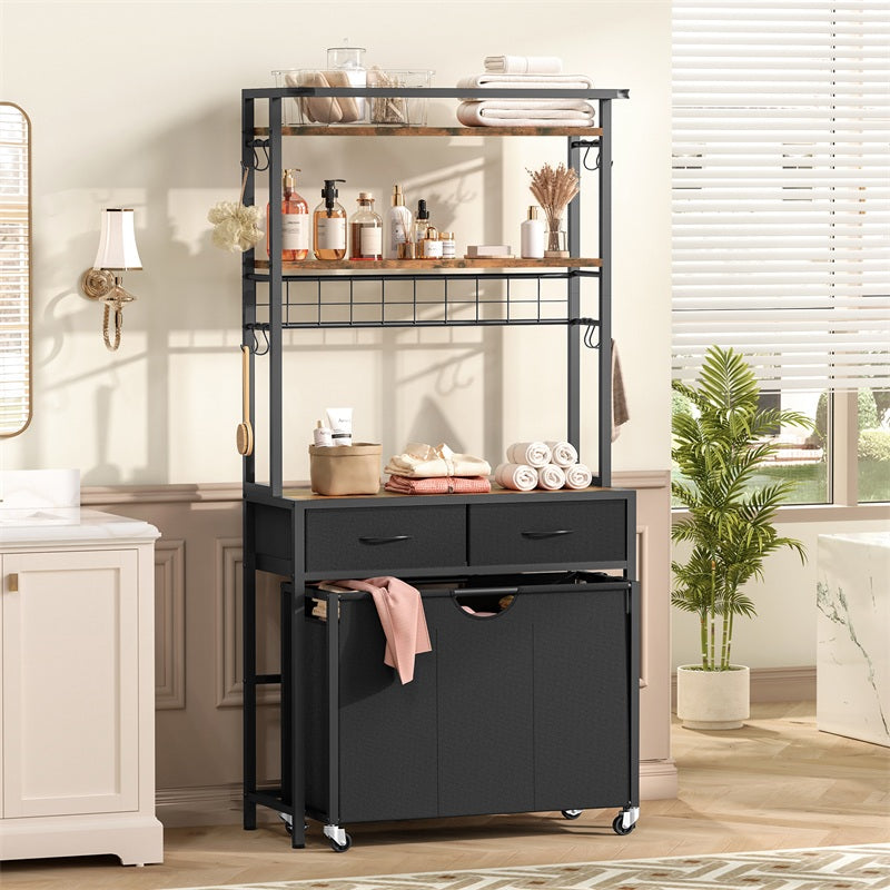 Laundry Sorter, Rolling Laundry Hamper with 3 Section Pull-Out Bags, Laundry Basket Organizer with 2 Drawers, Laundry Hamper with Shelves and 8 Hooks for Laundry Room, Bathroom, Bedroom