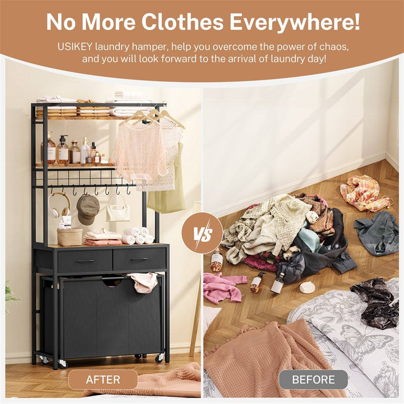 Laundry Sorter, Rolling Laundry Hamper with 3 Section Pull-Out Bags, Laundry Basket Organizer with 2 Drawers, Laundry Hamper with Shelves and 8 Hooks for Laundry Room, Bathroom, Bedroom
