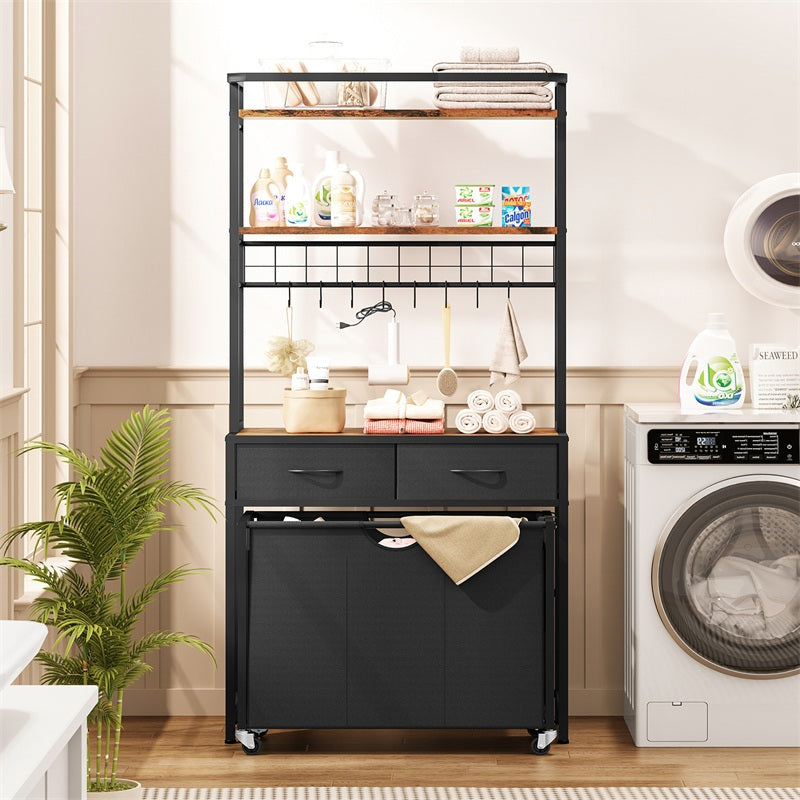 Laundry Sorter, Rolling Laundry Hamper with 3 Section Pull-Out Bags, Laundry Basket Organizer with 2 Drawers, Laundry Hamper with Shelves and 8 Hooks for Laundry Room, Bathroom, Bedroom