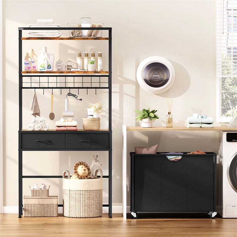 Laundry Sorter, Rolling Laundry Hamper with 3 Section Pull-Out Bags, Laundry Basket Organizer with 2 Drawers, Laundry Hamper with Shelves and 8 Hooks for Laundry Room, Bathroom, Bedroom