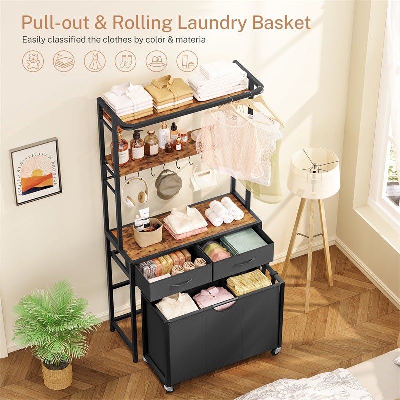 Laundry Sorter, Rolling Laundry Hamper with 3 Section Pull-Out Bags, Laundry Basket Organizer with 2 Drawers, Laundry Hamper with Shelves and 8 Hooks for Laundry Room, Bathroom, Bedroom