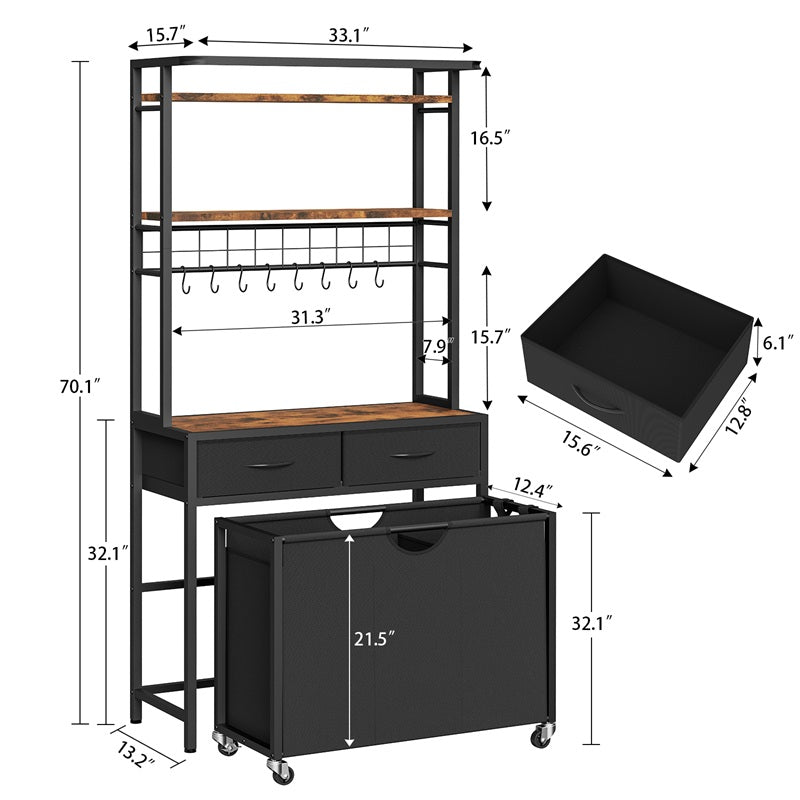Laundry Sorter, Rolling Laundry Hamper with 3 Section Pull-Out Bags, Laundry Basket Organizer with 2 Drawers, Laundry Hamper with Shelves and 8 Hooks for Laundry Room, Bathroom, Bedroom