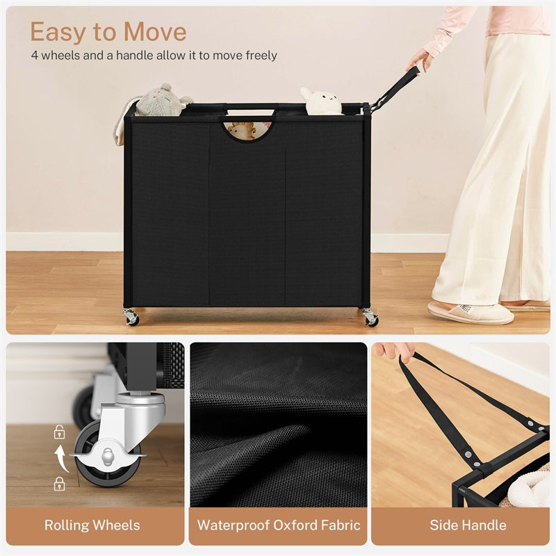 Laundry Sorter, Rolling Laundry Hamper with 3 Section Pull-Out Bags, Laundry Basket Organizer with 2 Drawers, Laundry Hamper with Shelves and 8 Hooks for Laundry Room, Bathroom, Bedroom