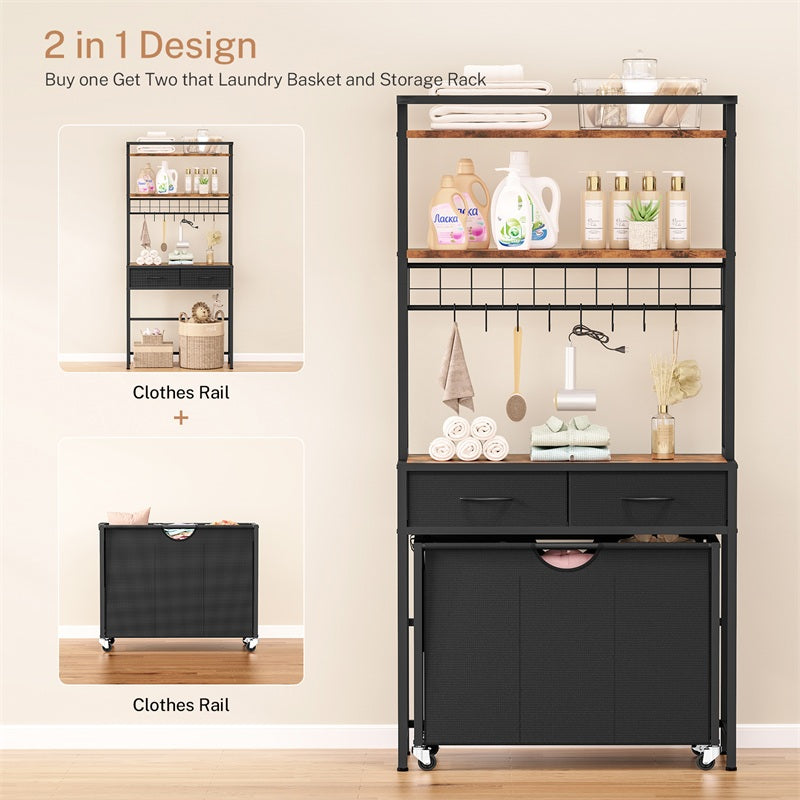Laundry Sorter, Rolling Laundry Hamper with 3 Section Pull-Out Bags, Laundry Basket Organizer with 2 Drawers, Laundry Hamper with Shelves and 8 Hooks for Laundry Room, Bathroom, Bedroom