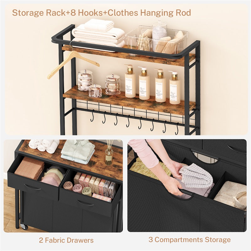 Laundry Sorter, Rolling Laundry Hamper with 3 Section Pull-Out Bags, Laundry Basket Organizer with 2 Drawers, Laundry Hamper with Shelves and 8 Hooks for Laundry Room, Bathroom, Bedroom